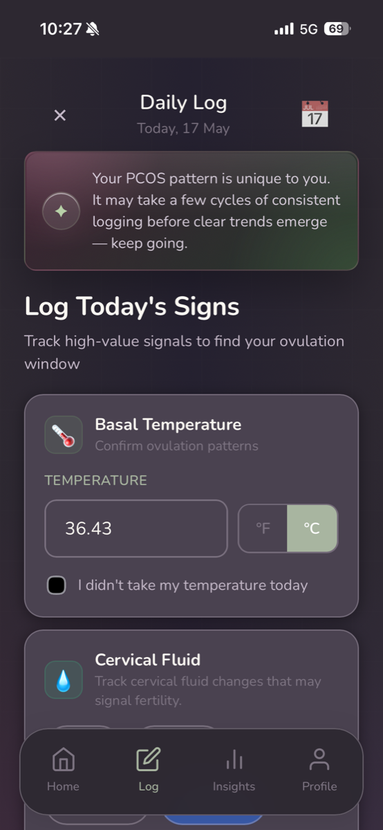 Daily log screen in dark mode with basal temperature input and cervical fluid tracking
