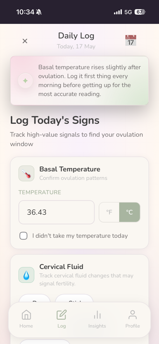 Daily log screen in light mode with basal temperature and cervical fluid inputs