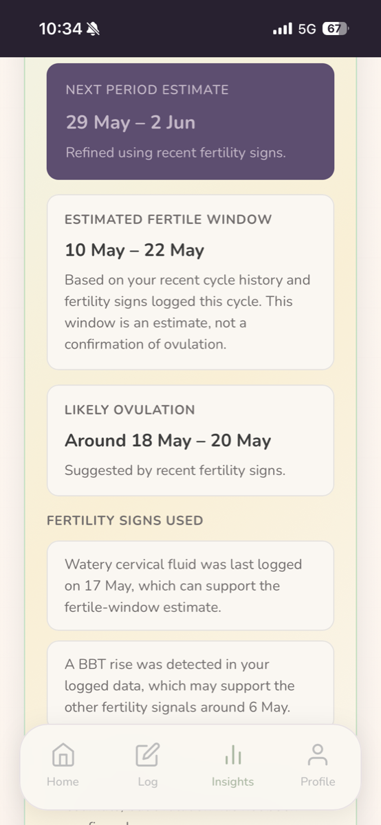 Fertile window detail in light mode showing estimated dates and fertility signs used